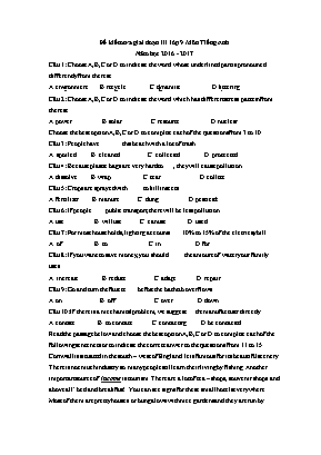 Đề kiểm tra giai đoạn III môn Tiếng Anh Lớp 9 - Năm học 2016-2017 (Có đáp án)